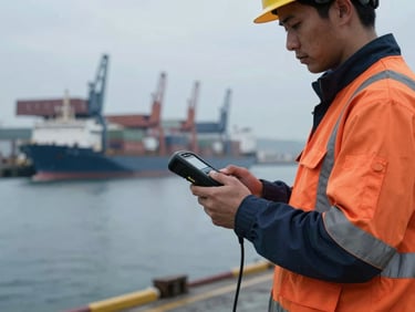 Low-light port environment, a dockworker in high-visibility gear holding a handheld scanner, sharp focus, 35mm lens
