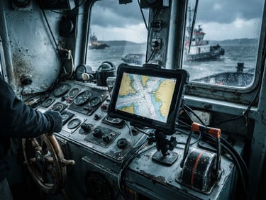 A ruggedized Android tablet mounted in a tugboat cockpit, dramatic overcast maritime daylight, high-contrast cool tones, sharp focus, 35mm lens