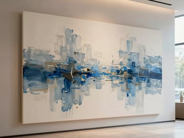 A large abstract canvas with delicate blue and charcoal paint strokes hanging in a minimalist modern lobby, soft natural light
