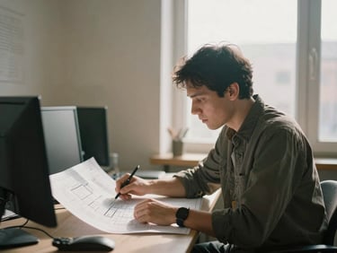 A focused community organizer reviewing architectural blueprints with a colleague in a sunlit, quiet office, warm morning window light, muted earth tones, 35mm film.