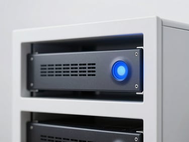 Minimalist server rack with a glowing blue security light, sharp focus, clean tech environment.
