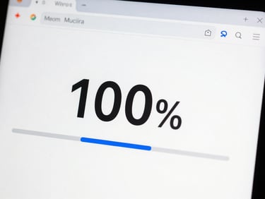 Close-up of a browser performance score showing 100% speed, clean interface, crisp daylight, electric blue accent.