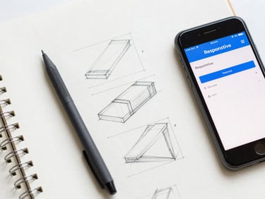 Top-down shot of a clean notebook with wireframe sketches, a graphite pen, and a smartphone showing a responsive layout.