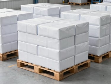 Wide-angle clean warehouse environment with neatly stacked pallets of export packaging ready for container shipment, bright daylight, industrial scale.