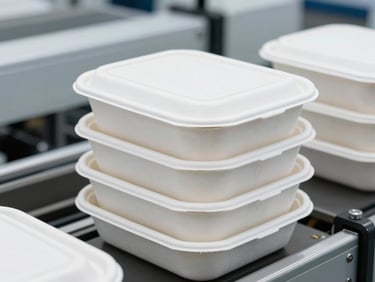 Crisp macro shot of newly manufactured biodegradable food containers stacked neatly on a clean automated line, bright studio lighting, cool gray and white tones.