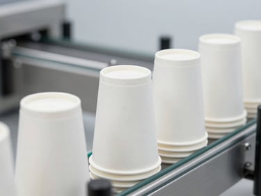 Crisp industrial product photography of neatly stacked food-grade paper cups on an automated conveyor line, bright high-key studio lighting, clean white and cool gray tones.