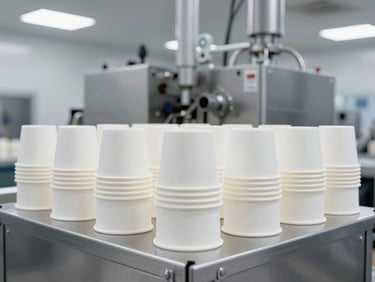 Wide shot of a clean, brightly lit automated packaging manufacturing facility with neatly stacked food-grade paper cups, cool gray tones, industrial studio lighting.