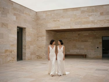 Editorial medium shot of a contemporary couple in minimalist bridal attire, walking through a modern architectural stone courtyard in Spain, soft diffused overcast daylight, warm neutral tones, 35mm film