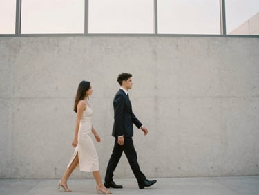 Candid high-fashion couple walking near a minimalist concrete wall, soft overcast daylight, elegant editorial composition, 35mm film.
