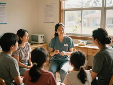 Candid environmental portrait of a local health organizer speaking with a family in a warm, sunlit community clinic, soft natural daylight, 35mm film look.