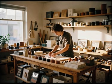 A local business owner arranging handcrafted goods in a warm, sunlit workshop, rich earthy tones, 35mm film look.