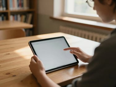 Close-up of a student utilizing a digital tablet in a sunlit library room, warm natural light, rich earthy tones, 35mm film look.