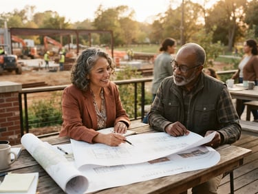 Candid environmental portrait of two local leaders reviewing architectural plans for a community center, warm golden-hour daylight, rich earthy tones, 35mm film look.