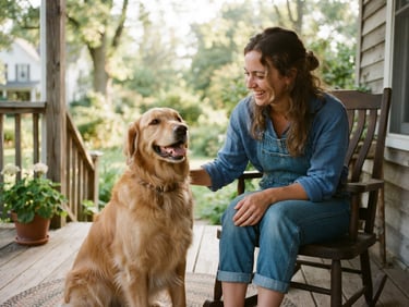 Candid eye-level shot of a happy golden retriever sitting beside an Indiana pet owner on a porch, warm natural daylight, soft focus, 35mm