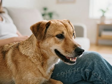 Warm natural indoor photo of a happy mixed-breed dog resting its head on an owner's lap in a bright living room, soft focus