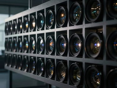 Cinematic shot of a modern corporate environment, sleek design, dramatic lighting, 16:9 aspect ratio, high contrast, deep shadows, anamorphic lens flares