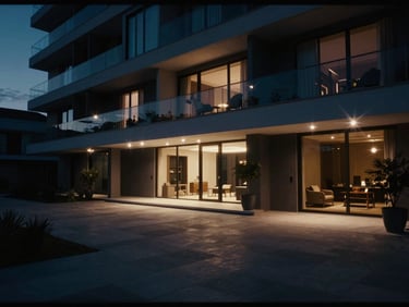 Wide cinematic 16:9 shot of a modern luxury apartment interior at dusk, dramatic low-key lighting, anamorphic lens flares, deep shadows, 35mm anamorphic lens, cinematic film photography