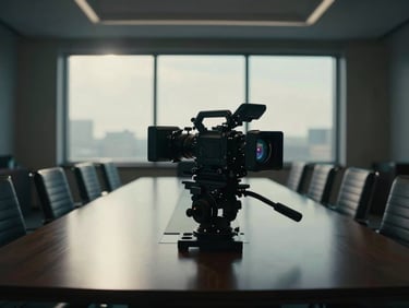 Wide cinematic 16:9 shot of a corporate boardroom with dramatic backlighting, high-end camera rig in foreground, deep shadows, anamorphic lens flares, 35mm anamorphic lens, cinematic film photography