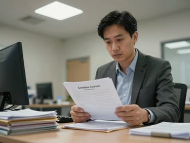 Practice manager at a desk reviewing credentialing paperwork, stacked folders visible, overhead fluorescent lighting, mid-work not posed