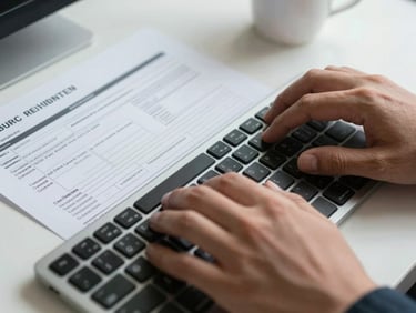 Close-up of hands typing on a keyboard beside a printed insurance claim form on a desk, overhead office lighting, a coffee cup partially visible at the edge, focus sharp on the document and fingers — the unglamorous detail of daily billing work