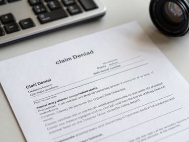 Close-up overhead of a medical claim denial letter on a desk next to a keyboard, fluorescent office lighting, crisp document detail visible