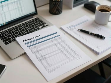 Overhead shot of a cluttered office desk with an AR aging report printout, a laptop showing a spreadsheet, a pen resting on paper, and a half-empty coffee mug — fluorescent office lighting, no people, the workaday reality of practice billing management