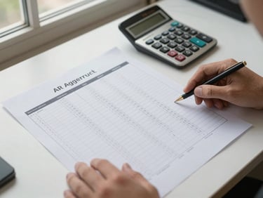 Overhead shot of an AR aging report spreadsheet on a desk, hands resting near a calculator, natural daylight from a window, neutral office setting