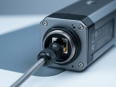 A crisp macro shot of a weatherproof outdoor IP security camera, showing the sealed RJ45 PoE port, clean studio lighting with subtle blue-toned fills, sharp focus on hardware details.