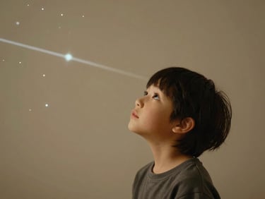 A child looking up with quiet wonder, soft warm lighting, astronomical lines faintly projected on the background wall, magical yet elegant atmosphere.