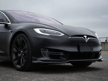 Low-angle tracking shot of a matte black Tesla Model S Plaid with carbon fiber front lip, brutalist architecture, overcast daylight