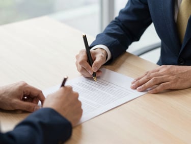 Close up of hands signing a contract on a clean wooden desk, natural light