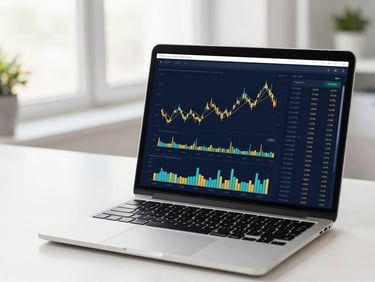 A clean modern laptop displaying financial charts and graphs on a bright desk