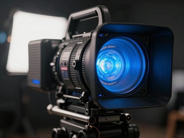 Extreme close-up of a professional broadcast multi-camera rig on-set, glowing blue tally light, dramatic backlighting, dark technical environment.