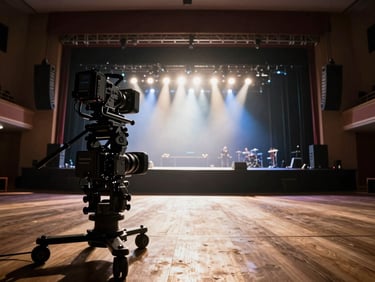 Wide-angle shot of an illuminated live stage from the back of the house, dramatic backlighting, high-contrast stage lighting casting deep shadows, professional camera rig in the foreground.
