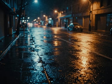 Moody cinematic film photography of a rain-slicked urban street at night under neon blue and amber lights, rich shadows, anamorphic lens flare.