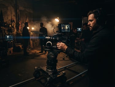 Moody cinematic film set behind-the-scenes, heavy camera rig on a dolly, dramatic low-key lighting with warm tungsten flares, 35mm anamorphic lens