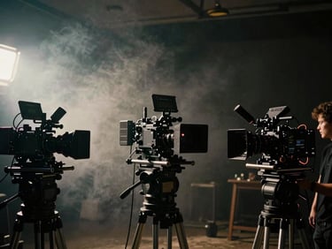 Moody cinematic film photography of an active, dark film set with heavy camera rigs and smoke, low-key dramatic lighting, 35mm anamorphic lens.