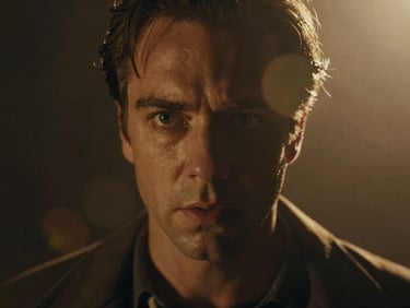Moody cinematic film photography of an actor with an intense expression in extreme close-up, warm tungsten backlight, dramatic chiaroscuro, rich shadows.