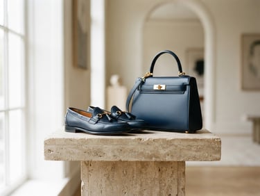 Premium leather shoes and a structured minimalist handbag on a stone pedestal, warm gold accents, bright daylight