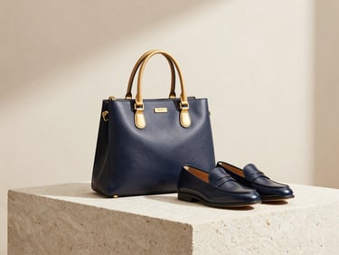 Editorial studio shot of a structured leather handbag and matching loafers on a stone plinth, warm gold accents, soft shadows, sharp focus.
