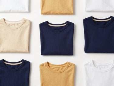 Minimalist flat-lay of modern children's cotton apparel in soft pastel tones, clean white background, bright daylight, 50mm.