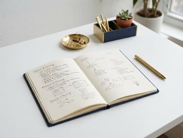 An open linen-bound notebook, brass pen, and minimalist desk organizers on a clean white surface, soft natural shadows