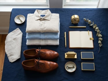 Wide editorial flat-lay of folded linen shirts, leather shoes, and brass stationery items arranged neatly on a deep navy surface, warm gold accents, soft natural daylight, 50mm
