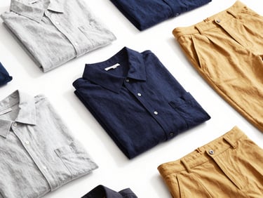 Bright editorial flat-lay of modern men's and women's apparel, folded linen shirts, structured trousers, clean minimalist styling, soft natural daylight, 50mm
