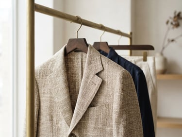Close-up of high-quality woven cotton fabric texture, structured neutral-toned garments hanging on a minimalist brass rack, soft studio lighting