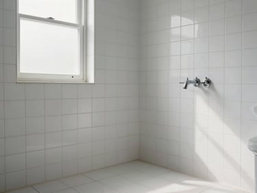 Finished bathroom interior with clean white wall tiles and dark grout, natural light from a frosted window, chrome fixtures, shot at standing eye level showing the full wall and floor join