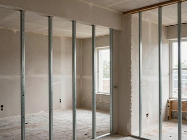 Work-in-progress shot of drywall installation in a residential interior, metal studs visible, plasterboard panels being fitted, ambient site light through window opening, no people