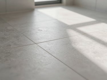 Finished bathroom floor showing large-format porcelain tiles with precise grout lines, natural daylight from a window casting soft shadows, close-up at floor angle a homeowner would see