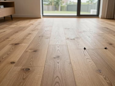 Wide-plank wood-effect floor being laid in a living room, natural daylight from a large window, spacer clips visible between planks, shot from knee height showing the grain detail and the room beyond