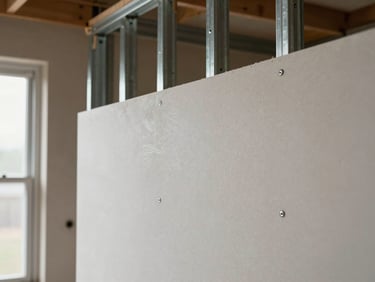 Drywall panels being installed in a residential interior, metal studs visible in the background, natural light from a window on the left, close framing showing the panel joint and screws at eye level